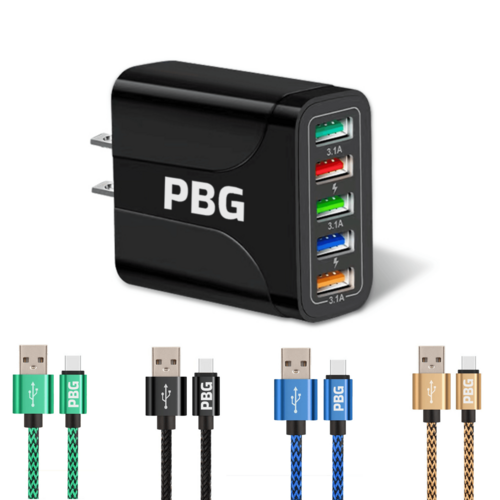 PBG 5-Port LED Wall Charger & 4 XL 10FT iPhone Charging Cables